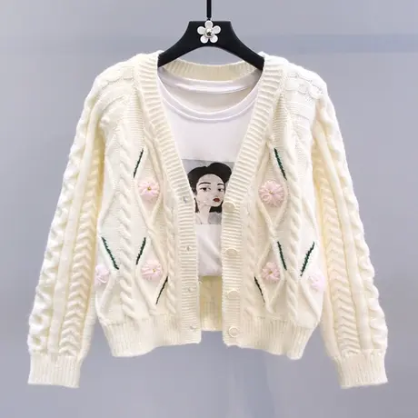 日系刺绣小花毛衣开衫女秋冬2023新款宽松设计感小众减龄针织外套图片
