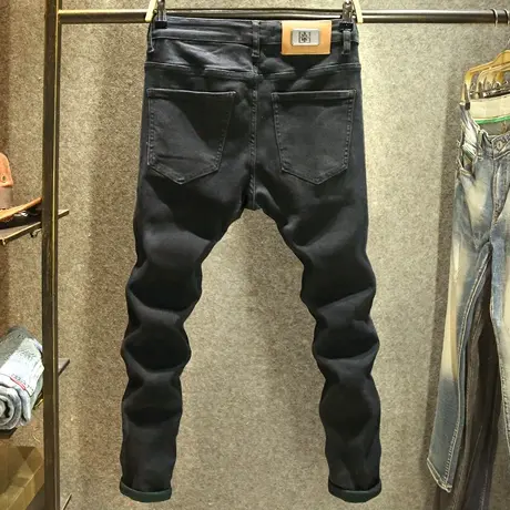 简约时尚秋冬款小黑裤潮牌韩版休闲百搭高端黑色弹力牛仔裤男厚款图片