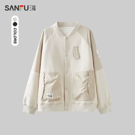 三福2023冬男士异材质拼接夹克 时尚宽松棒球领纯棉外套477176商品大图