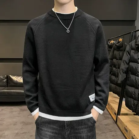 2023冬季新款毛衣男士针织长袖圆领秋冬黑色厚装内搭加绒打底衫男商品大图