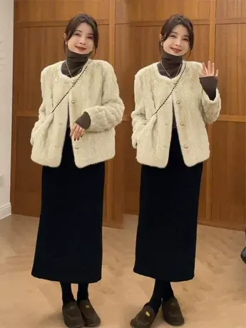 2023冬季新款时尚休闲洋气百搭皮毛一体加厚保暖小香风长袖外套女商品大图