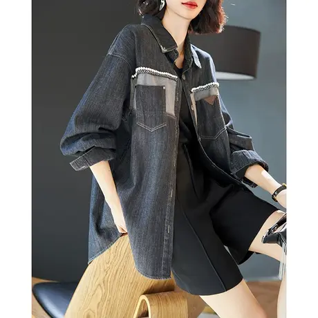 宝诗黎钉珠拼接棉质亮丝加绒牛仔衬衫2023秋冬新款落肩宽松薄外套商品大图