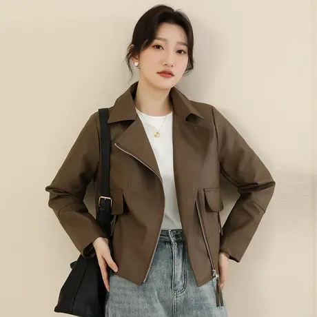新品8.5折】洋气西装领深咖皮夹克女时尚气质机车服外套厚图片