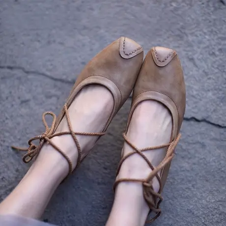 Artmu阿木原创复古文艺方头DIY绑带牛皮浅口单鞋女舒适软底平底鞋商品大图