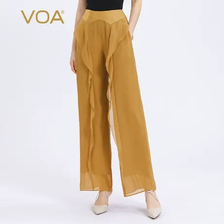 VOA真丝乔其棕黄自然腰塔克褶减龄活页设计双层面料桑蚕丝阔腿裤商品大图