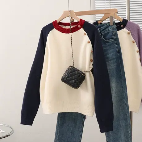 23077新款韩版女士毛衣针织衫上衣套头宽松长袖拼色圆领打底衫图片