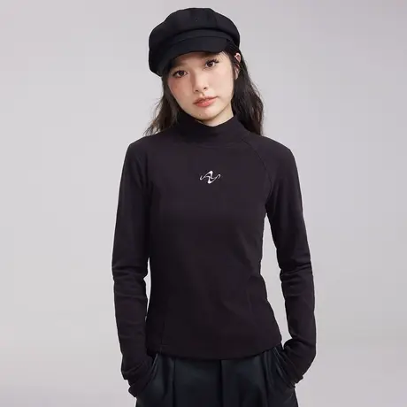尔给黑色半高领针织打底衫女2023新款秋冬内搭长袖上衣商品大图