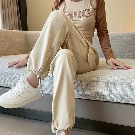 美式抽绳工装休闲裤女春秋新款高腰显瘦宽松百搭束脚阔腿运动裤子图片