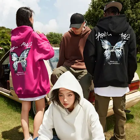 nuthink美式加绒加厚420g重磅蝴蝶连帽卫衣潮牌男潮春季大码外套商品大图