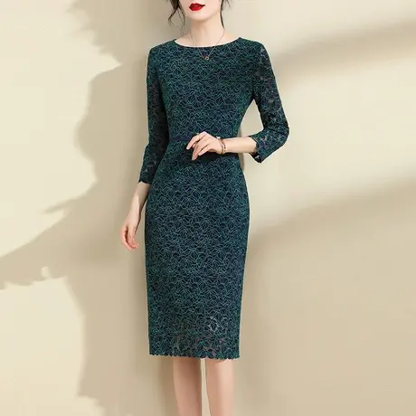 水墨青华冬季新品连身裙气质蕾丝裙优雅收腰百搭打底连衣裙女图片
