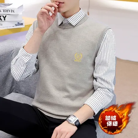 男士休闲衬衫领毛衣加绒加厚秋冬季针织马甲潮流时尚男装假两件套商品大图