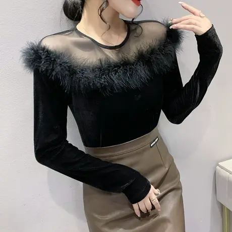 高贵气质黑色丝绒打底衫女长袖性感网纱拼接毛毛上衣修身显瘦T恤商品大图