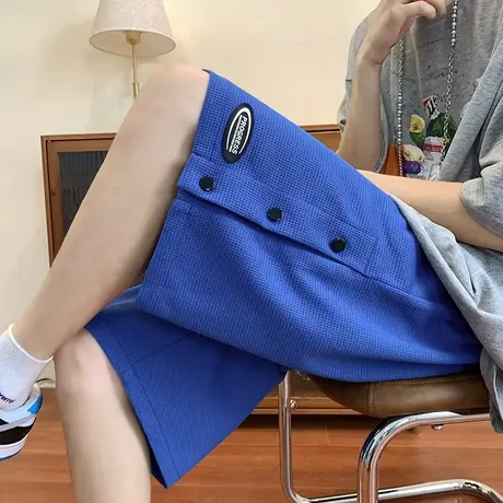 华夫格运动休闲短裤男夏季薄款沙滩裤美式高街排扣裤子宽松五分裤商品大图