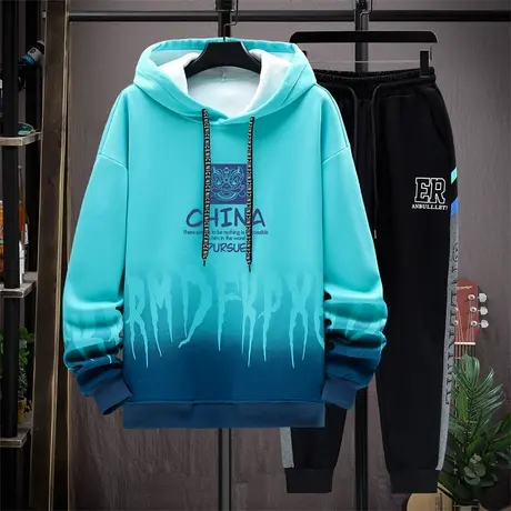 连帽卫衣男春秋款青少年一套装衣服搭配帅气渐变外套男潮流上衣服商品大图