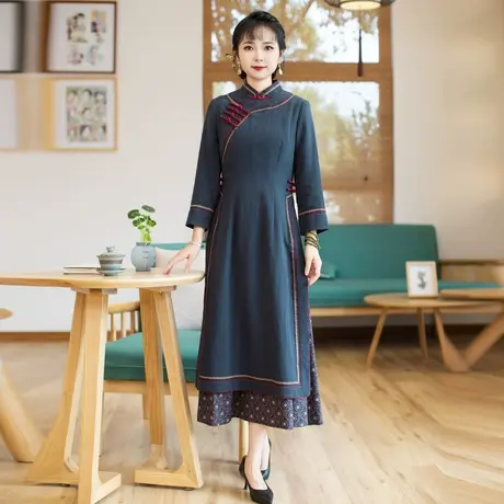 筠雅奥黛旗袍中国风中式改良连衣裙女长款收腰显瘦时尚裙子23J666图片