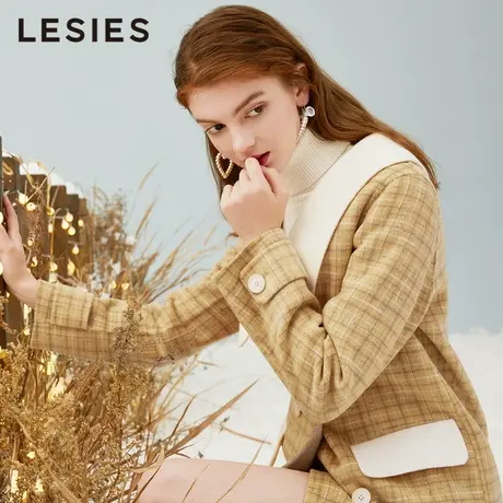 LESIES蓝色倾情秋冬款格子拼色双排扣设计感羊毛双面呢大衣外套图片