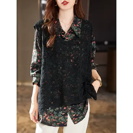 宝诗黎针织背心碎花衬衫两件套2023秋季新款时间减龄宽松女装商品大图