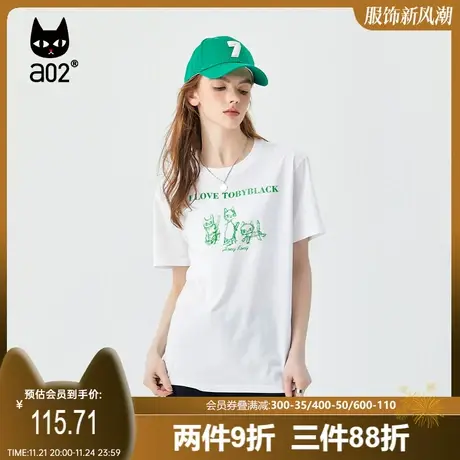 【趣玩】a02潮酷百搭T恤女2023夏季新品宽松简约圆领猫咪印花T恤图片