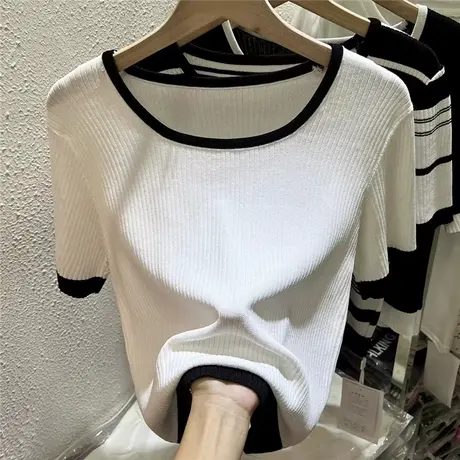 冰丝针织衫短袖t恤女2023新款夏季宽松白色正肩半袖上衣紧身体恤商品大图