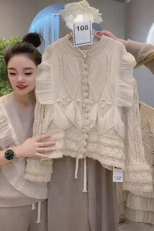 重工立体勾花镂空外套韩版宽松甜美百搭纯色长袖针织开衫保暖毛衣图片