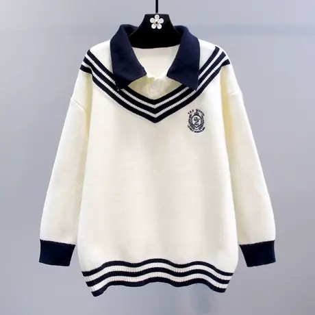 日系学院风假两件polo领毛衣女秋冬2023新款宽松加厚减龄针织衫图片