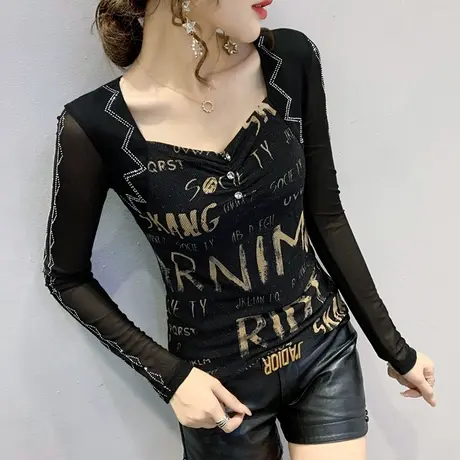 网纱加绒上衣2024新款时尚烫钻长袖T恤女装紧身内搭打底衫女春秋商品大图