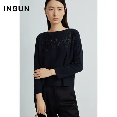 INSUN恩裳奥莱春季绣花一字领宽松短款针织衫图片