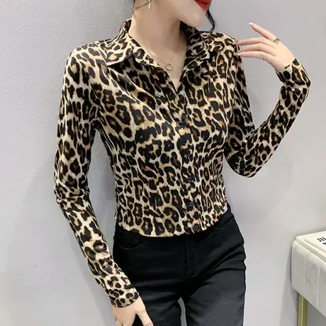 复古豹纹衬衫女长袖初秋2024新款设计感小众上衣休闲POLO领打底衫图片