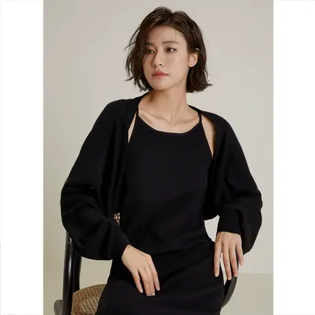 弥古黑色针织披肩外套女秋冬灰色小坎肩外搭罩衫毛衣开衫短款上衣商品大图