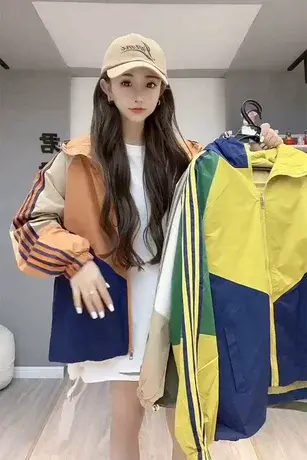 风衣短外套女2023早秋新款连帽拼色抽绳冲锋衣户外运动夹克上衣潮商品大图