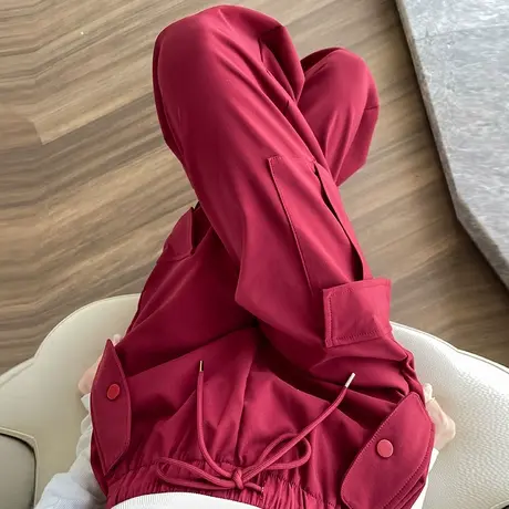 酒红色束脚工装裤女2023春秋新款高腰显瘦直筒休闲美式复古运动裤商品大图
