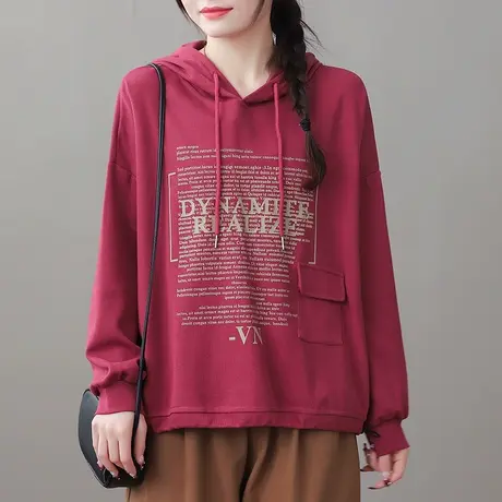 dza 复古纯棉套头连帽卫衣女士2023春季新款宽松长袖上衣短款外套图片