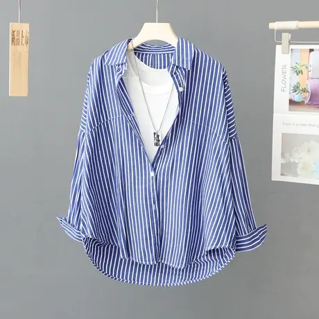 蓝色竖条纹衬衫女长袖高级感叠穿衬衣宽松洋气韩版上衣开衫外套商品大图