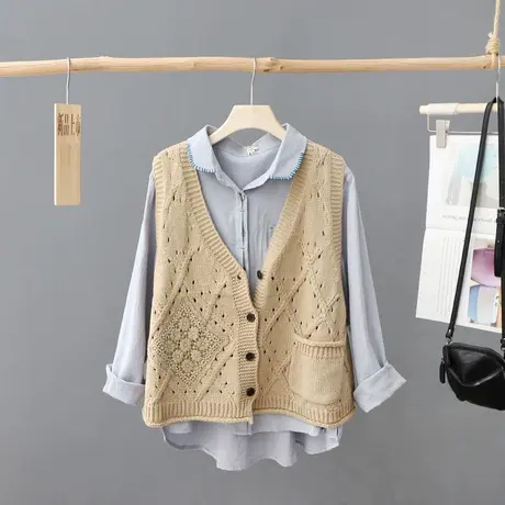 纯色V领镂空单排扣无袖针织开衫马甲女休闲毛线背心毛衣宽松坎肩X商品大图