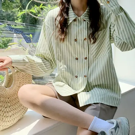条纹衬衫女秋季复古港味宽松韩版设计感小众法式别致长袖上衣外套商品大图