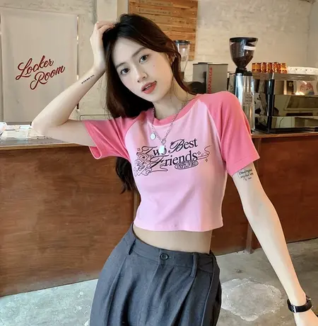 美式辣妹撞色圆领短款短袖T恤夏季小众紧身打底衫女内搭修身上衣商品大图