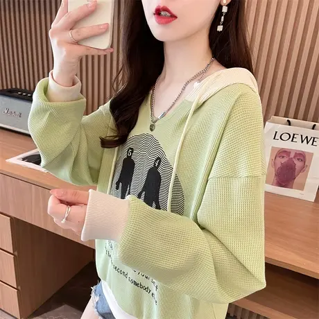 早秋小个子连帽卫衣女春秋季韩版宽松薄款华夫格撞色v领上衣外套商品大图