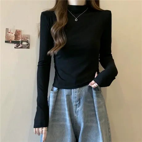 秋冬甜飒风修身打底衫女德绒内搭短款长袖T恤洋气半高领褶皱上衣图片