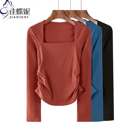 秋冬新款韩版方领修身褶皱纯色加绒保暖长袖体恤上衣内搭打底衫女商品大图