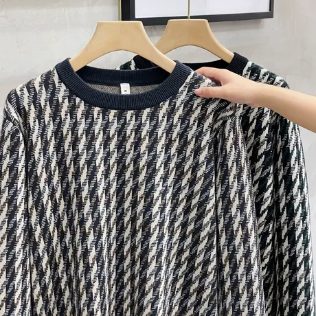 千鸟格子针织打底衫男长袖内搭潮流撞色条纹男士毛衣秋冬2023新款商品大图