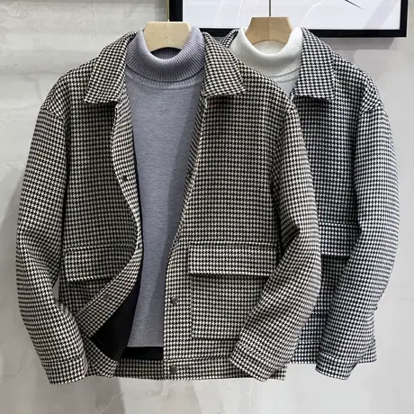 男士外套2023春秋季新款翻领韩版潮流帅气千鸟格休闲毛呢夹克男潮图片