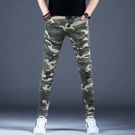 拼接迷彩牛仔裤男款秋冬小脚修身新款潮流裤子男士美式高街休闲裤商品大图