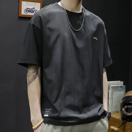 冰丝滑料刷漆印花短袖t恤男士夏季薄款宽松大码速干运动半袖体恤商品大图