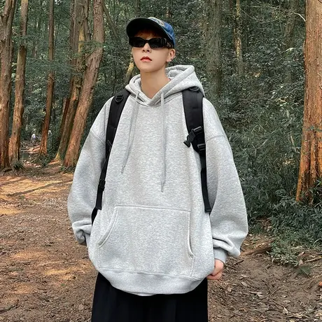 潮牌宽松连帽卫衣男春秋冬季休闲百搭韩版潮流纯色情侣装长袖外套商品大图