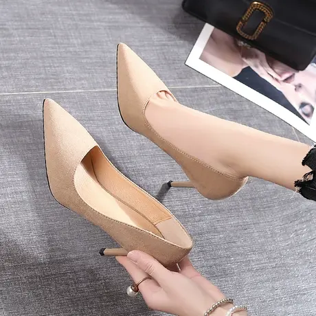 2020春季新款尖头高跟鞋女细跟中跟黑色优雅职业宴会少女网红单鞋图片