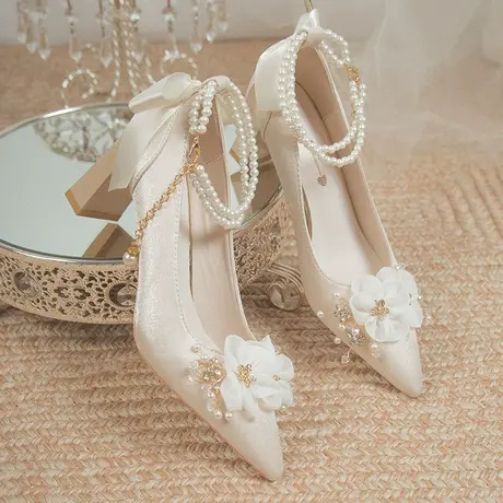 粗跟高跟鞋单鞋女鞋2024新款结婚鞋新娘鞋礼服鞋气质配裙旗袍鞋子图片