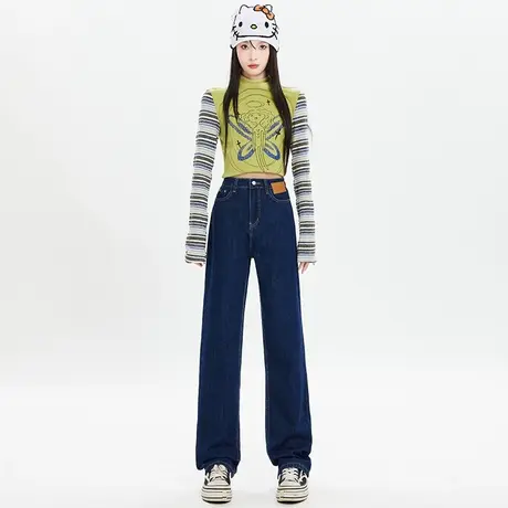 深蓝高腰直筒牛仔裤女秋冬2023年新款显瘦小个子窄版阔腿拖地裤子图片