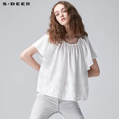 【商场同款】sdeer圣迪奥女装纯色愫白绣花宽松圆领上衣S17280453图片