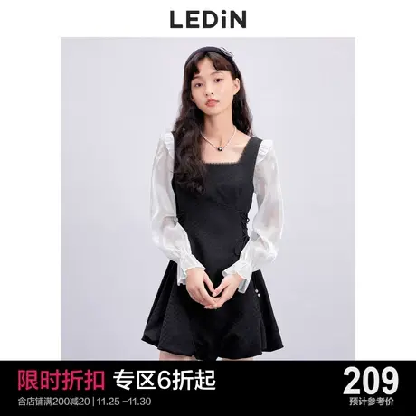 乐町方领拼接连衣裙休闲秋季新款雪纺系带收腰富贵千金小黑裙商品大图