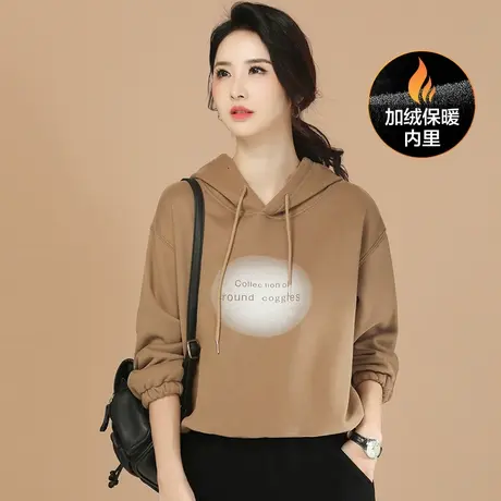 新品88折】复古连帽印花加绒卫衣女2023冬季新款宽松百搭上衣加厚商品大图